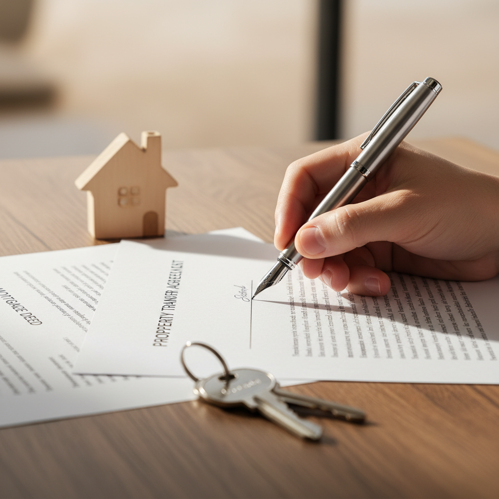 Signing Ontario mortgage closing documents with keys and model home on desk, illustrating mortgage closing costs Ontario and legal paperwork