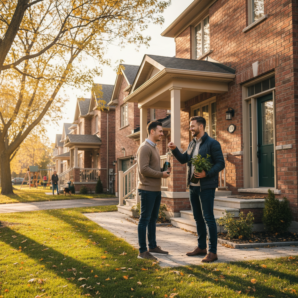 New Ontario homeowners receiving keys outside a brick house at sunset, symbolizing a successful closing with a Toronto real estate lawyer