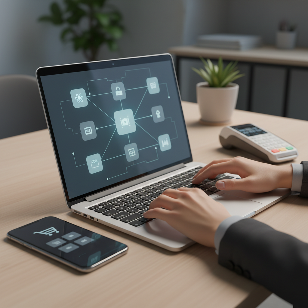 close-up of configuring custom ecommerce integrations on laptop with phone and payment device, illustrating custom ecommerce application development setup