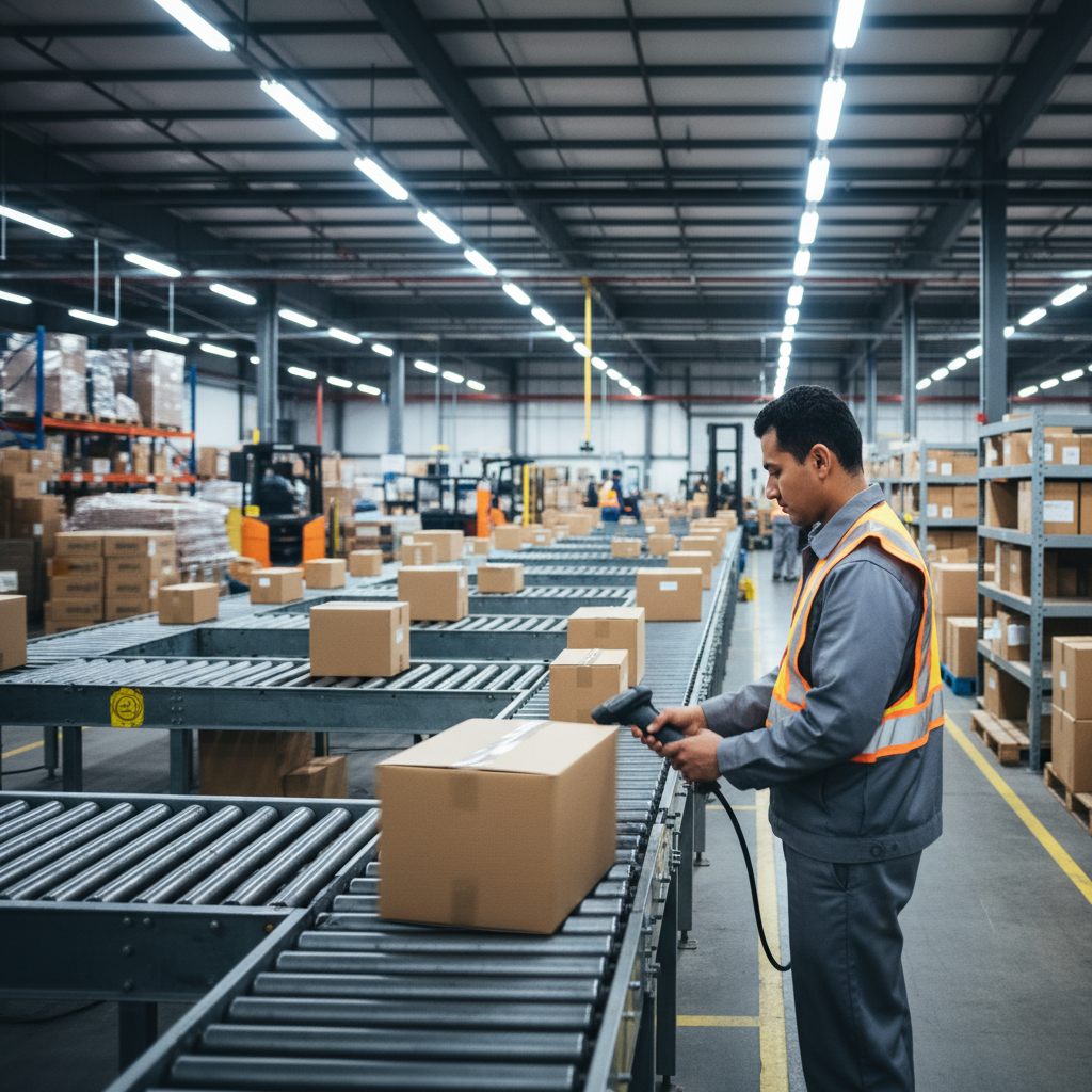 warehouse fulfillment scene showing barcode scanning and conveyor belts, representing backend operations in custom ecommerce application development