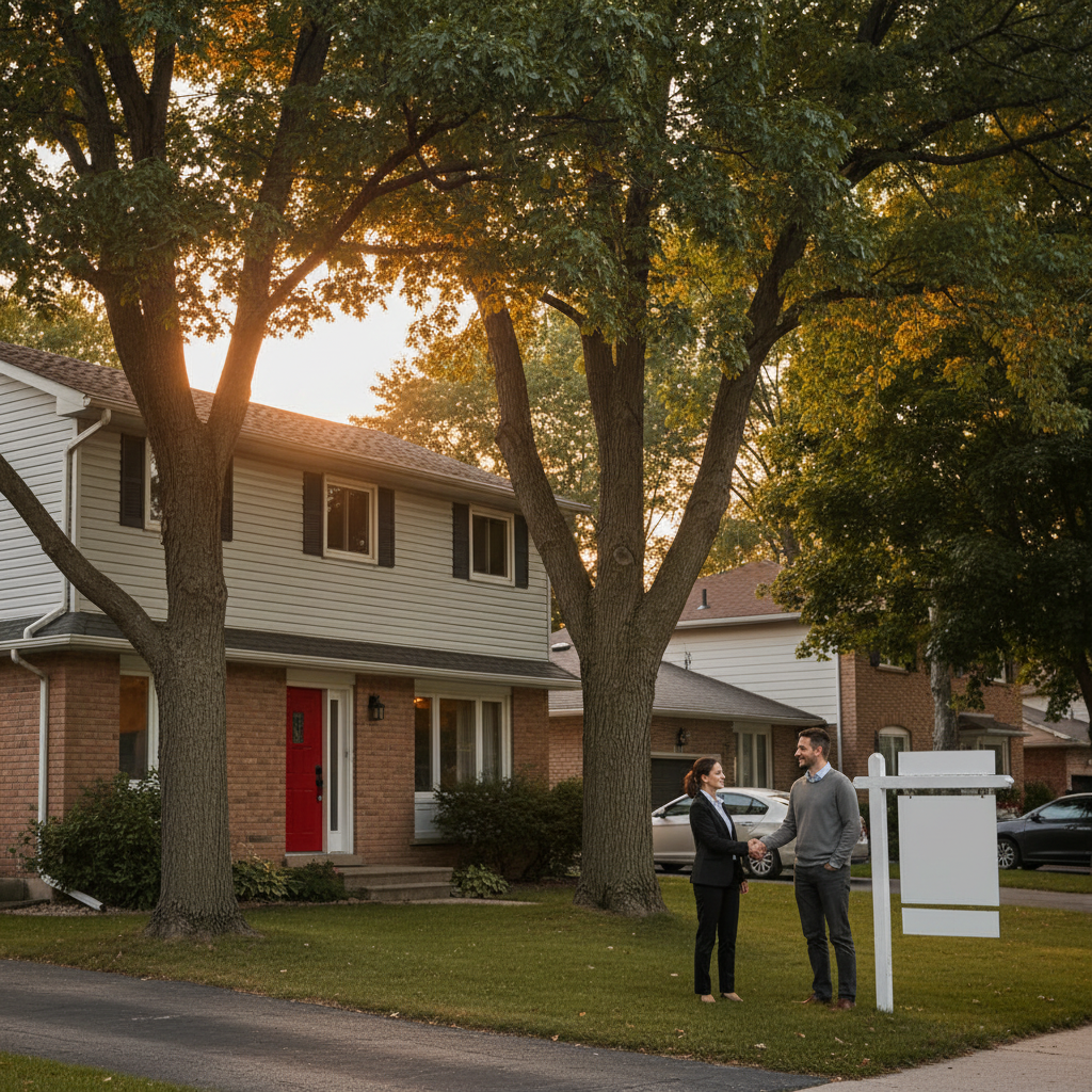 Suburban Ontario home at golden hour during real estate closing, illustrating Ontario mortgage completion