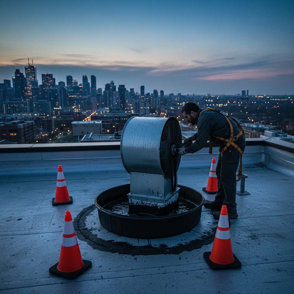 Rooftop restaurant exhaust fan and grease containment system being serviced in Southern Ontario