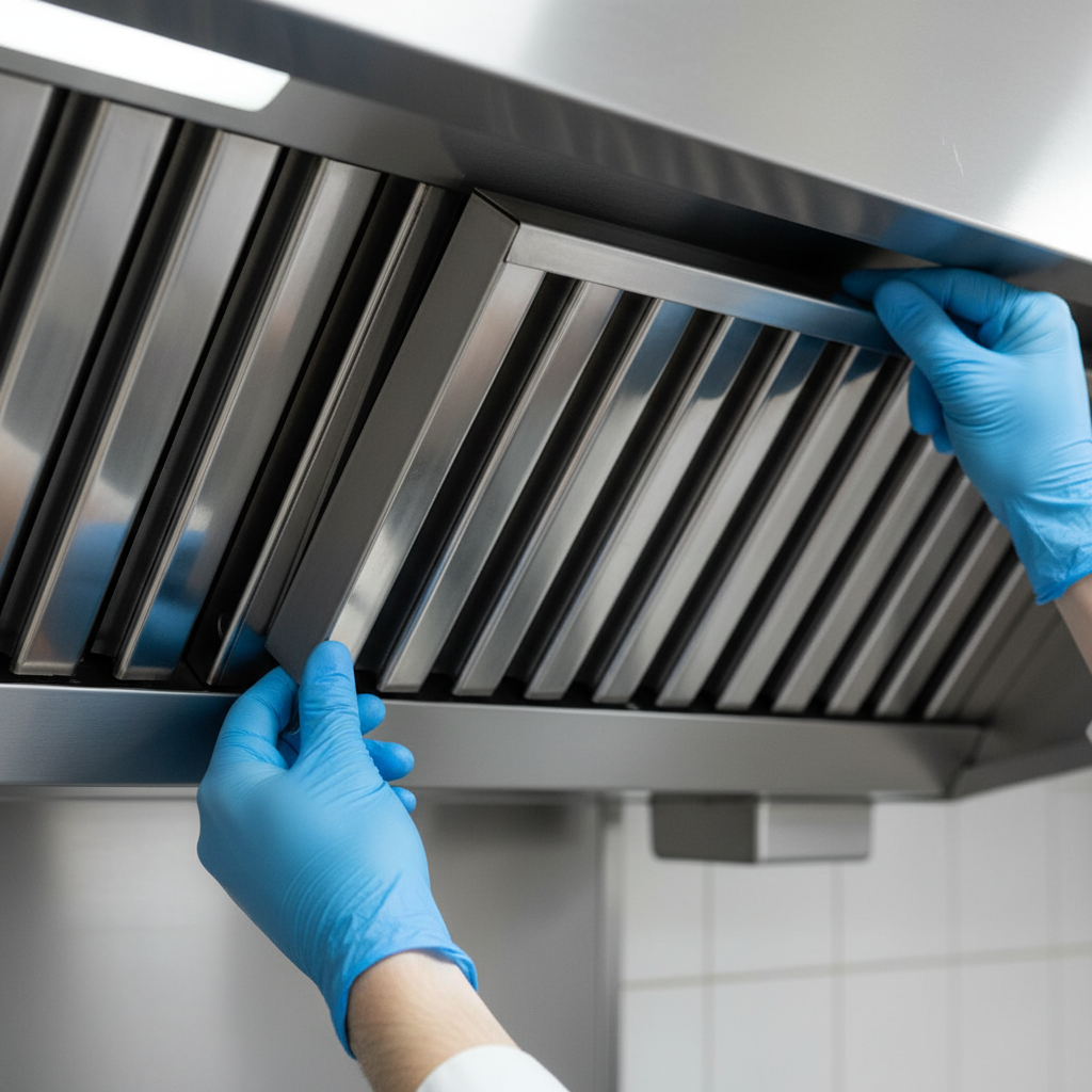 Close-up of clean baffle filter being installed in commercial kitchen hood to improve air quality
