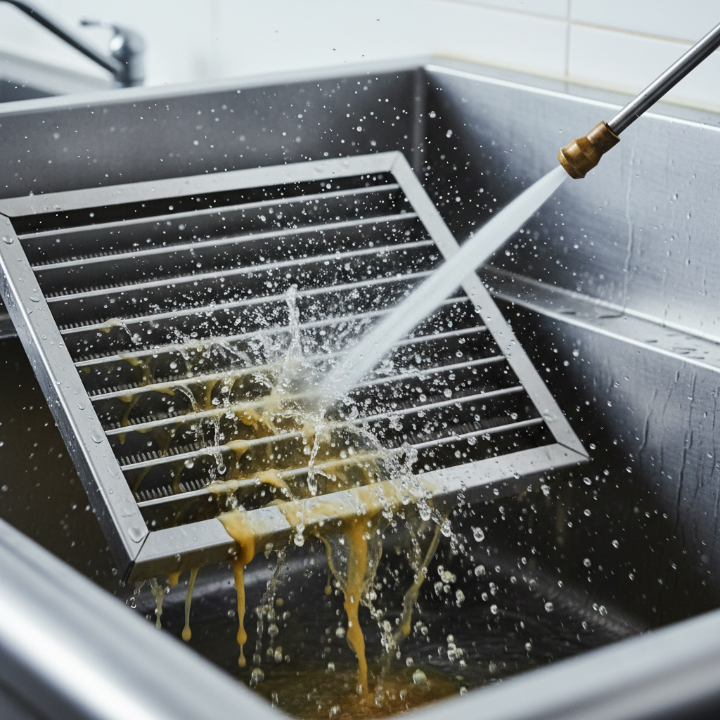 Close-up detail of a stainless steel baffle filter being pressure-washed to improve kitchen exhaust airflow and air quality