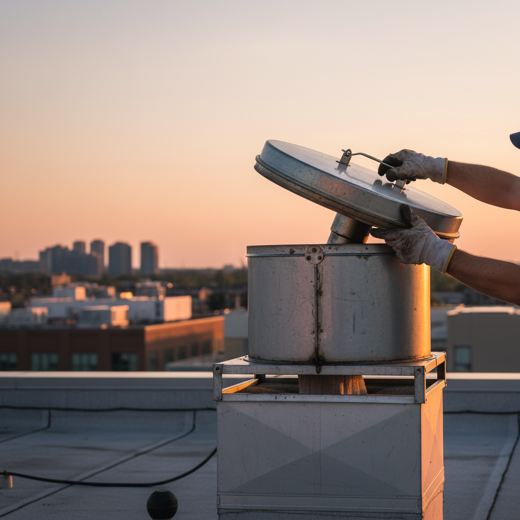 Technician servicing a rooftop upblast exhaust fan with grease containment for safer, compliant kitchen ventilation in Ontario