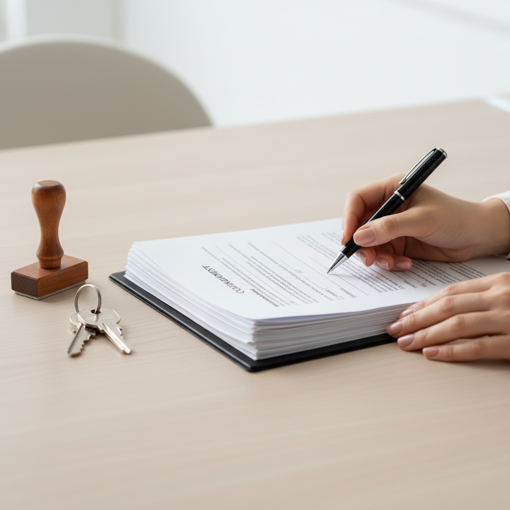 Ontario mortgage closing documents and house keys close-up illustrating title search, land transfer tax, and registration steps