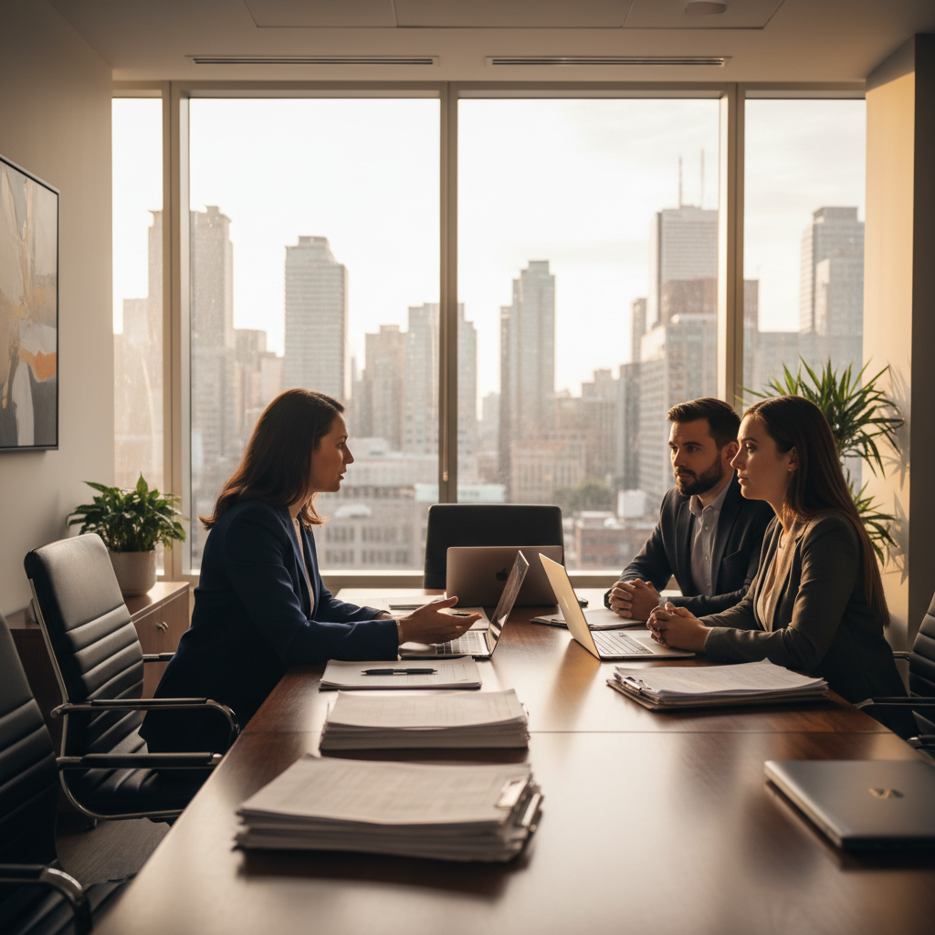 Toronto real estate lawyer meeting clients about mortgage closing timeline and adjustments in a modern office