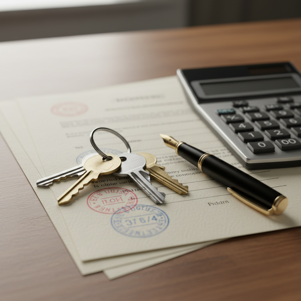 Close-up of keys, legal documents, and pen illustrating mortgage closing costs in Ontario including registrations and title insurance