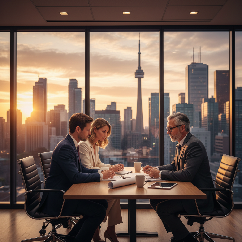 Toronto real estate lawyer meeting with clients to review mortgage closing documents and plan a smooth Ontario closing day