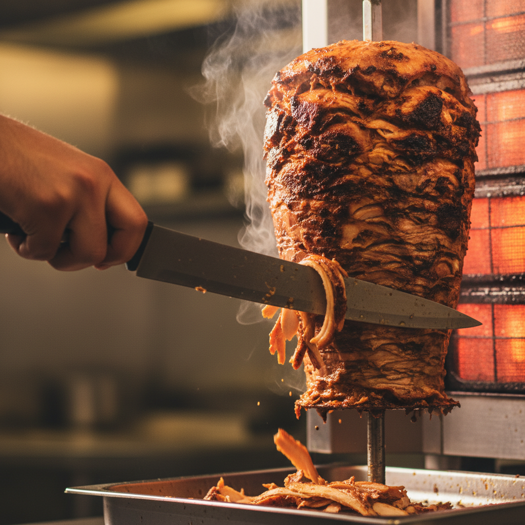 Close-up rotisserie slice for fresh shawarma wraps with crispy caramelized edges and steam
