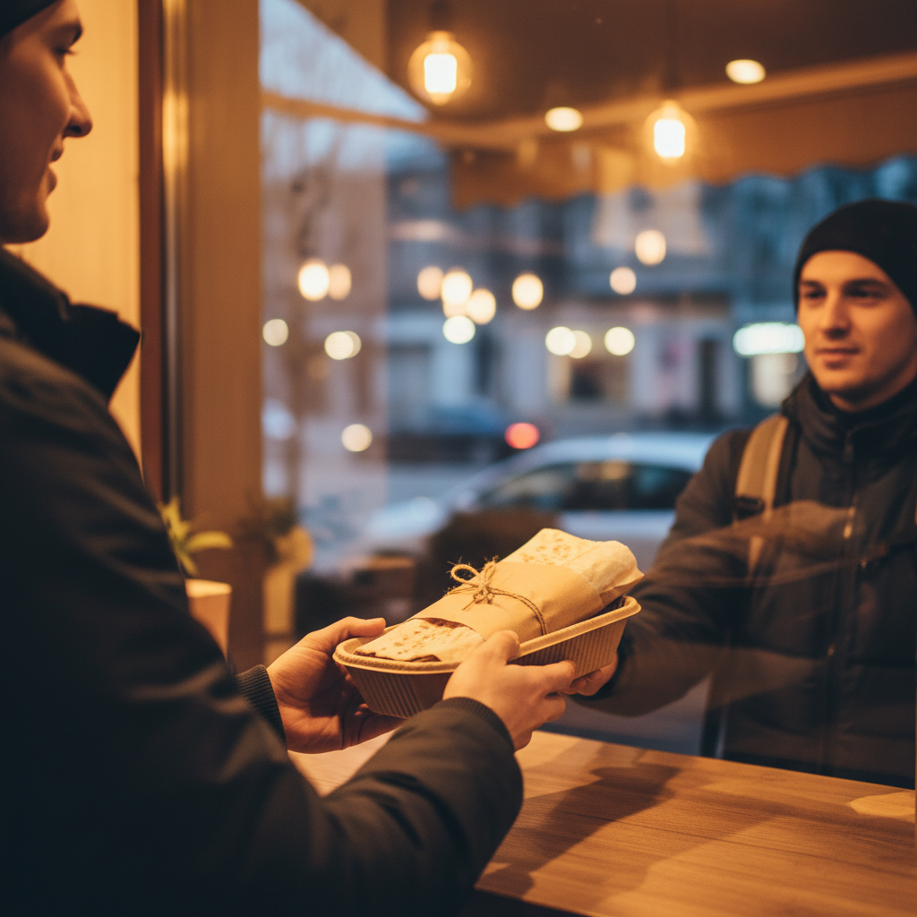 Shawarma takeout handoff for delivery or pickup in Toronto, eco-friendly packaging with fresh shawarma wraps ready to go