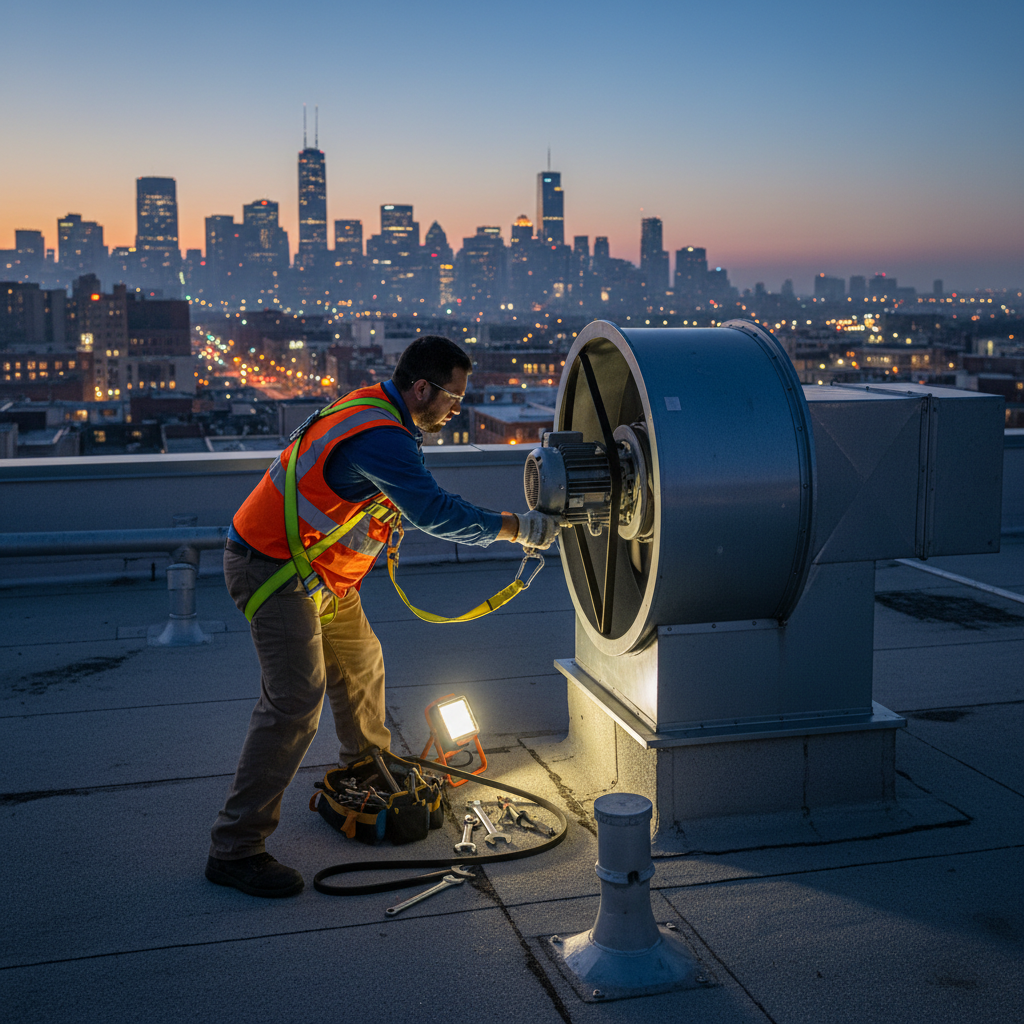 Certified technician on a restaurant rooftop at dusk replacing a commercial hood fan belt with safety harness
