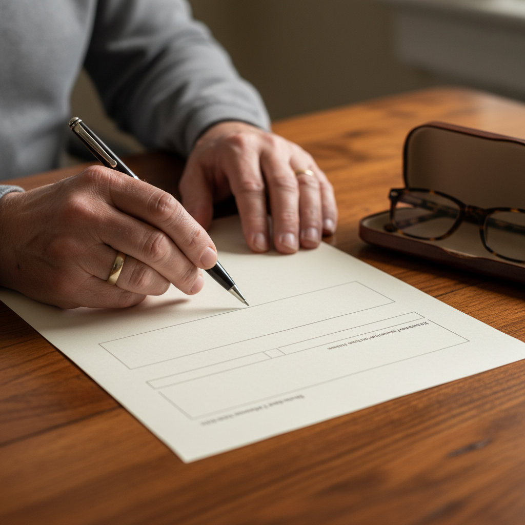 Close-up of hands preparing a legal separation agreement in Toronto, showing pen, wedding rings, and reading glasses