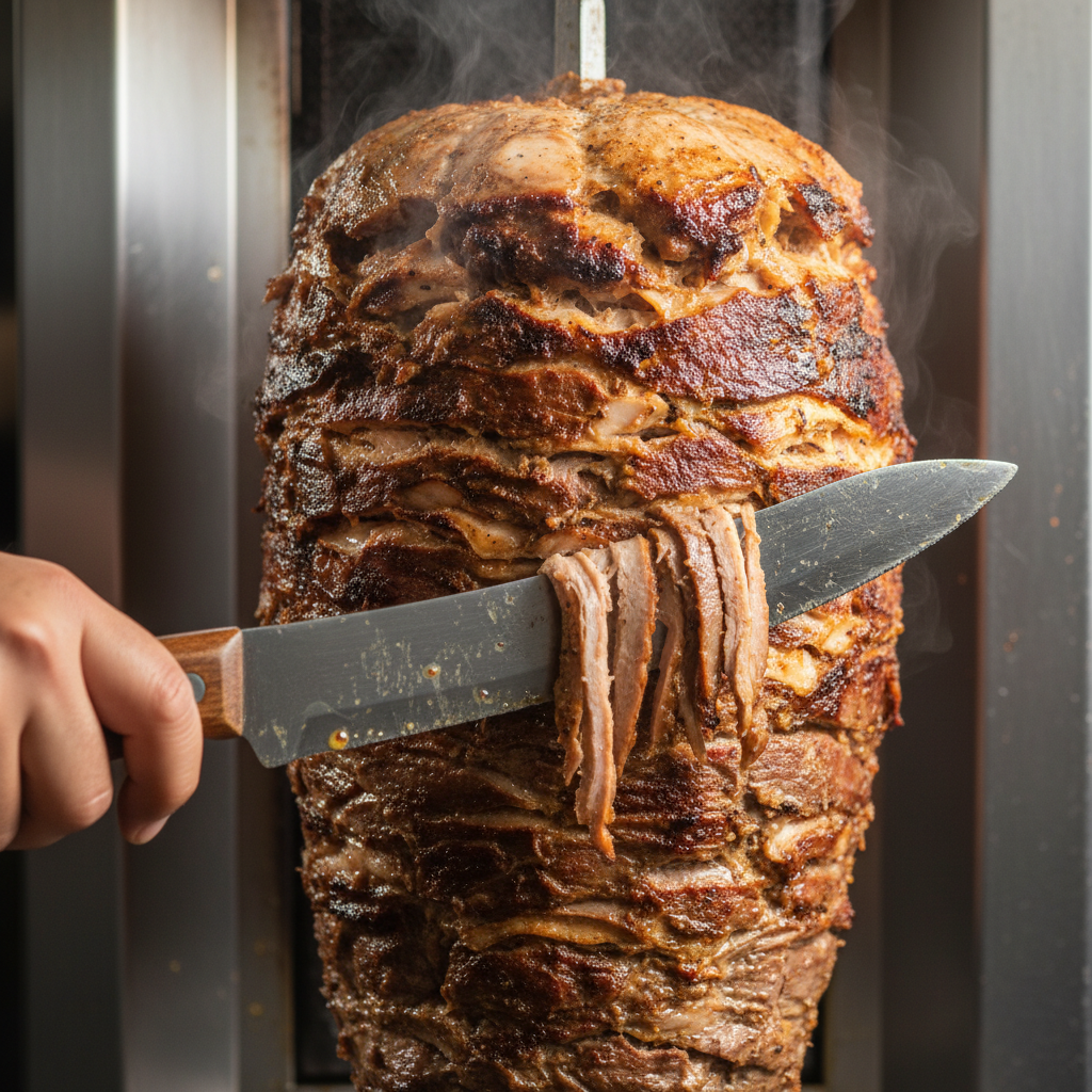 Close-up of authentic Toronto Turkish shawarma being carved from a vertical rotisserie for delivery, pickup, and catering