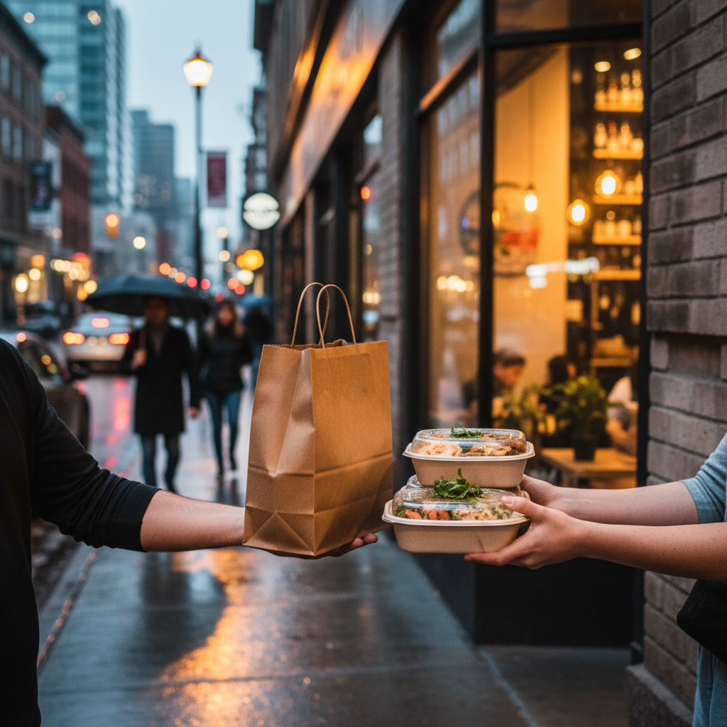 Toronto street pickup scene with Mediterranean takeout bag handoff, ideal for Turkish cuisine orders and shawarma pickup