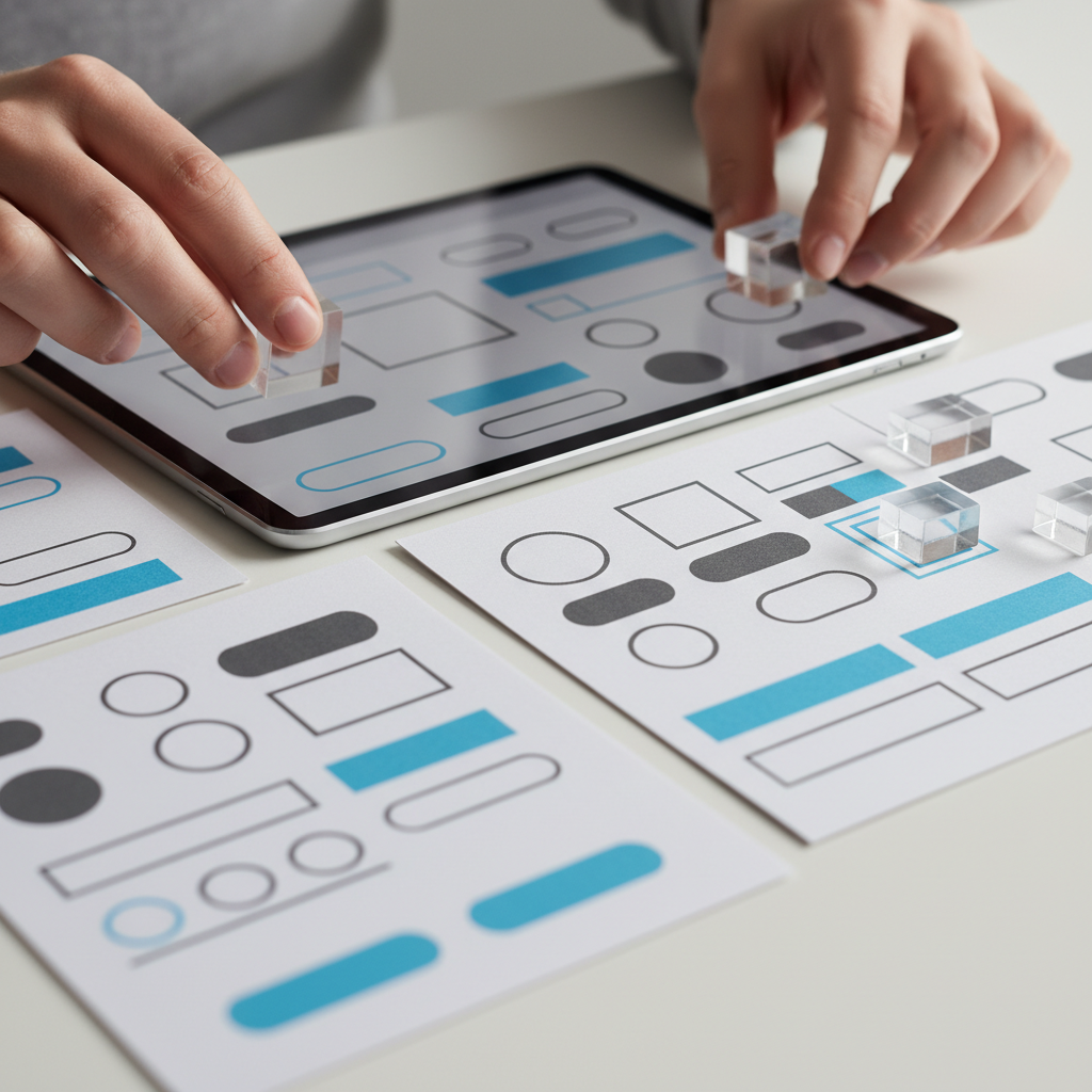 Close-up of modular UI components for a bespoke web app design, showing tailored interface elements