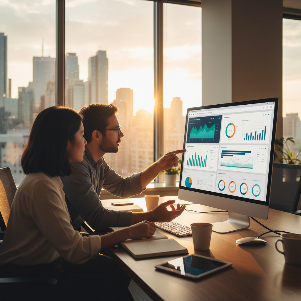 Product owner and developer reviewing a bespoke web app dashboard on a large monitor with Toronto skyline in background