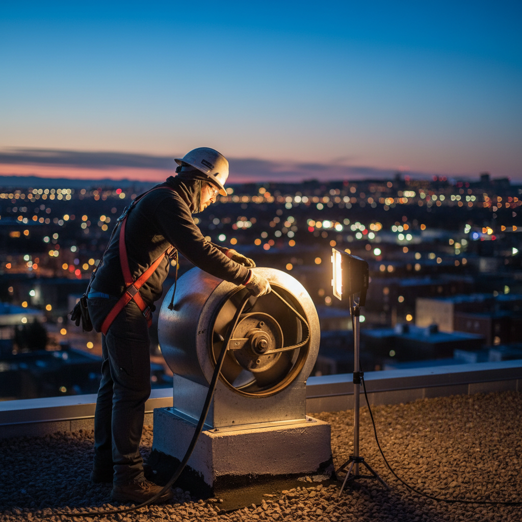 Technician replacing rooftop exhaust fan belt on a commercial hood system in Ontario