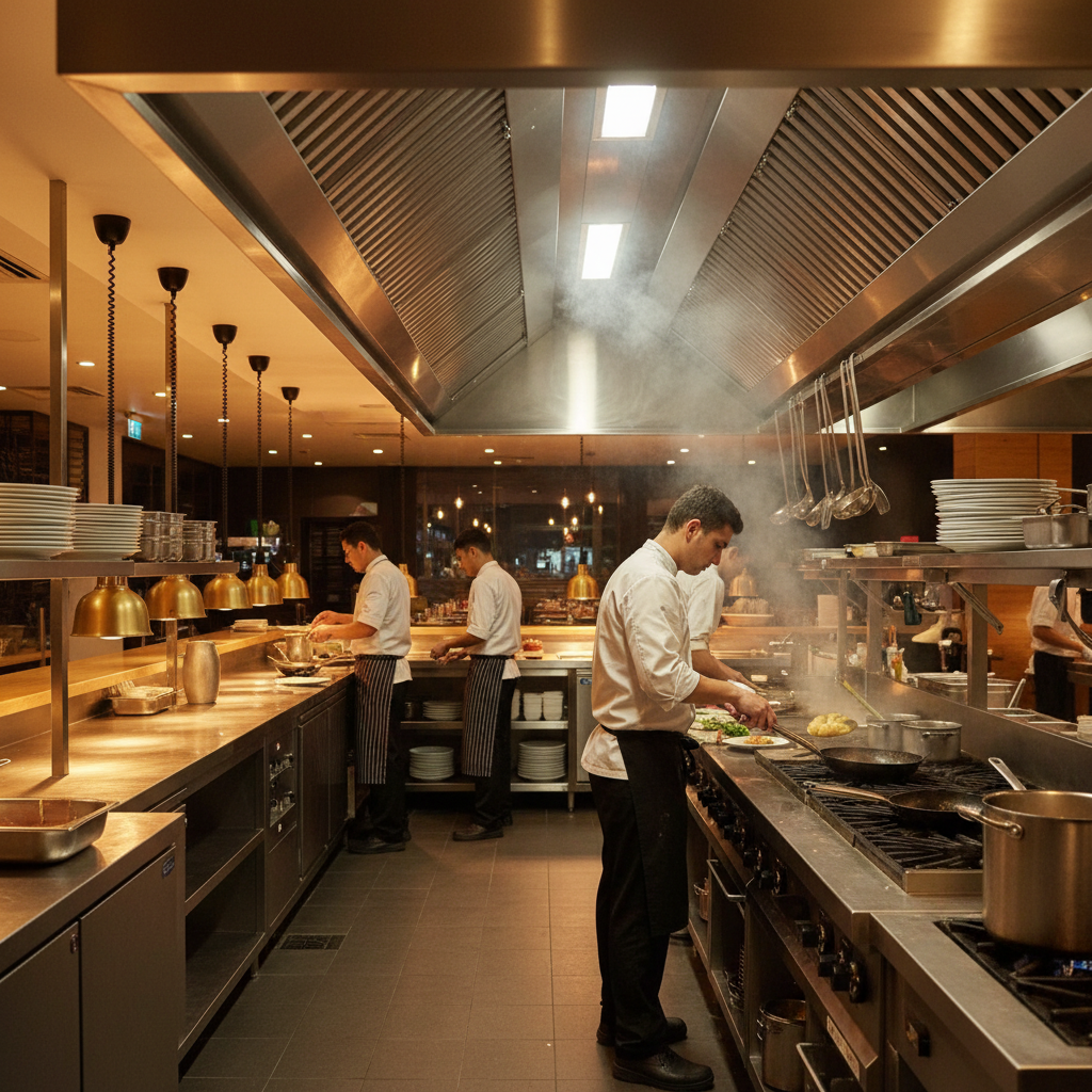 Ontario commercial kitchen with stainless hood and baffle filters, clear airflow after fan belt replacement commercial hoods