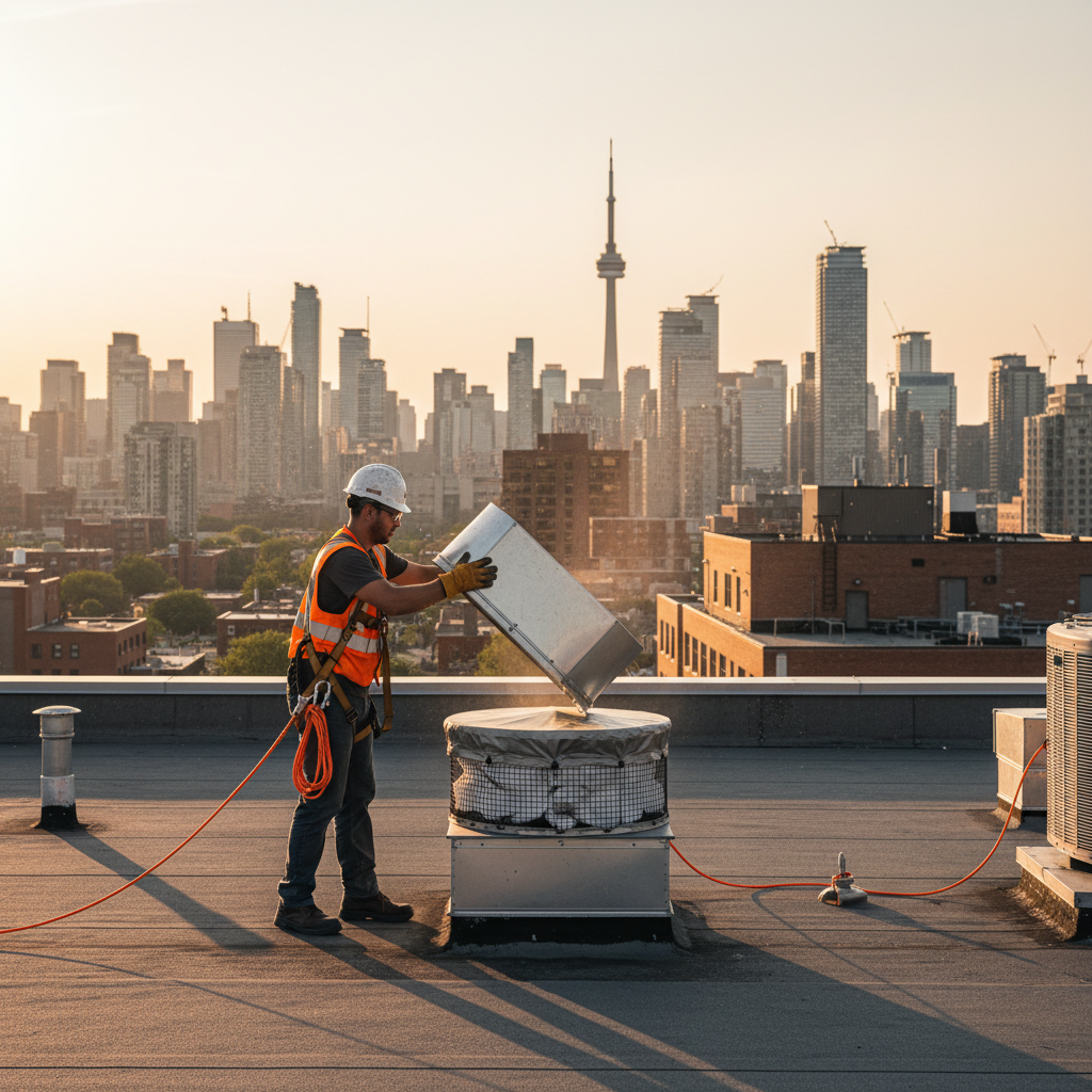 Technician lifting a hinged upblast exhaust fan during commercial hood fan belt replacement on an Ontario rooftop