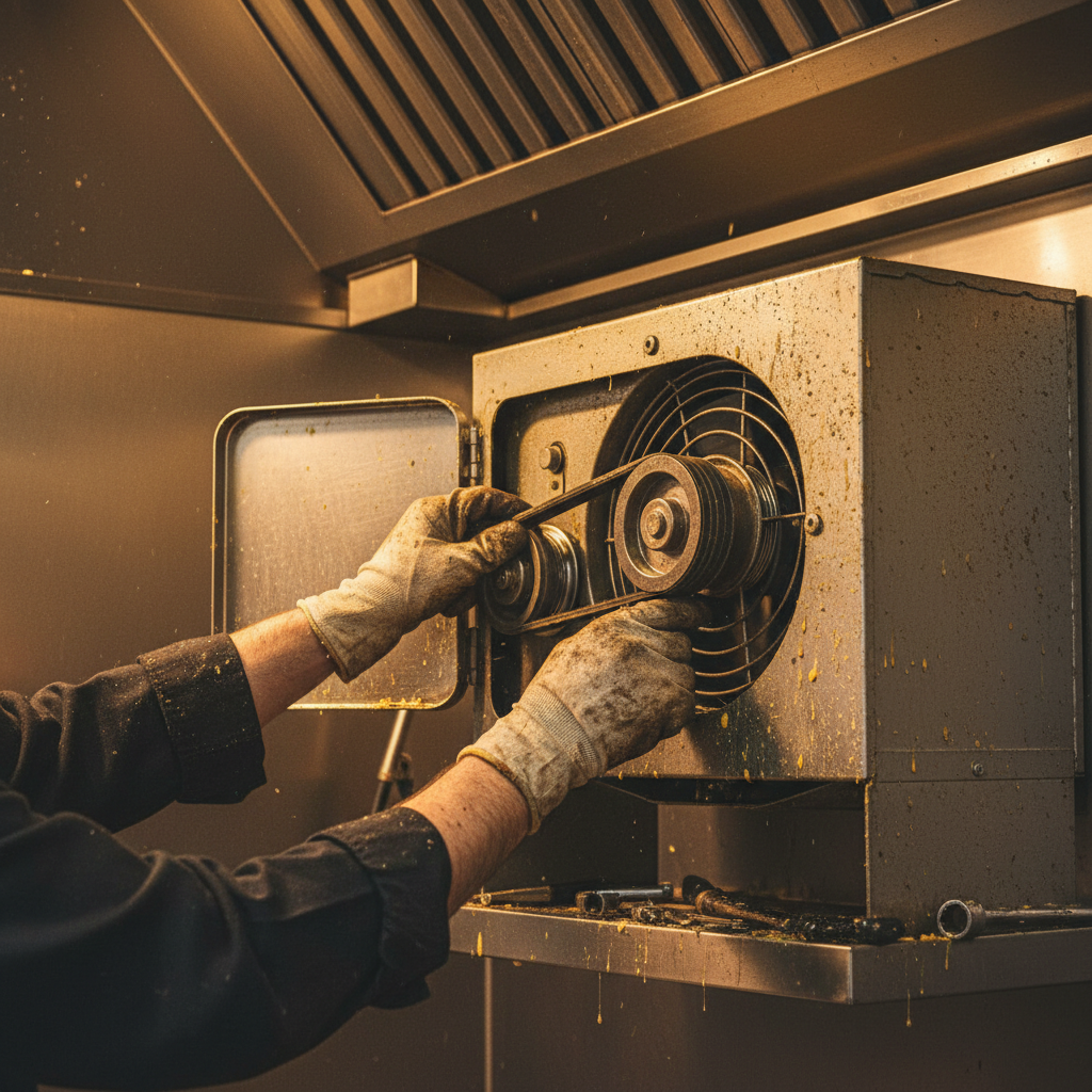 Technician’s gloved hands accessing an exhaust fan belt through a stainless-steel hood access panel during maintenance in Ontario