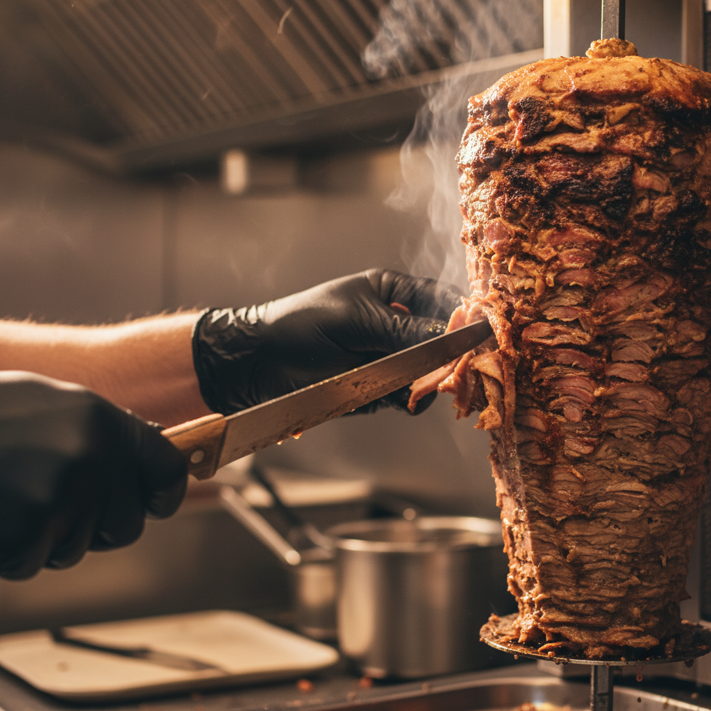 Close-up of shawarma shaved from a vertical rotisserie, crispy edges and juicy layers at an authentic Mediterranean restaurant in Toronto