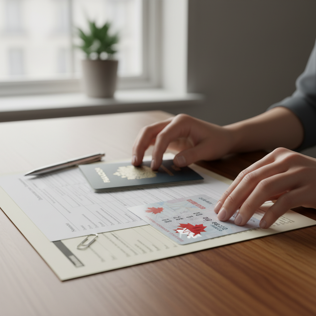 Close-up of Canadian PR card, passport, and citizenship application documents arranged neatly on desk in Toronto, illustrating citizenship application requirements Canada