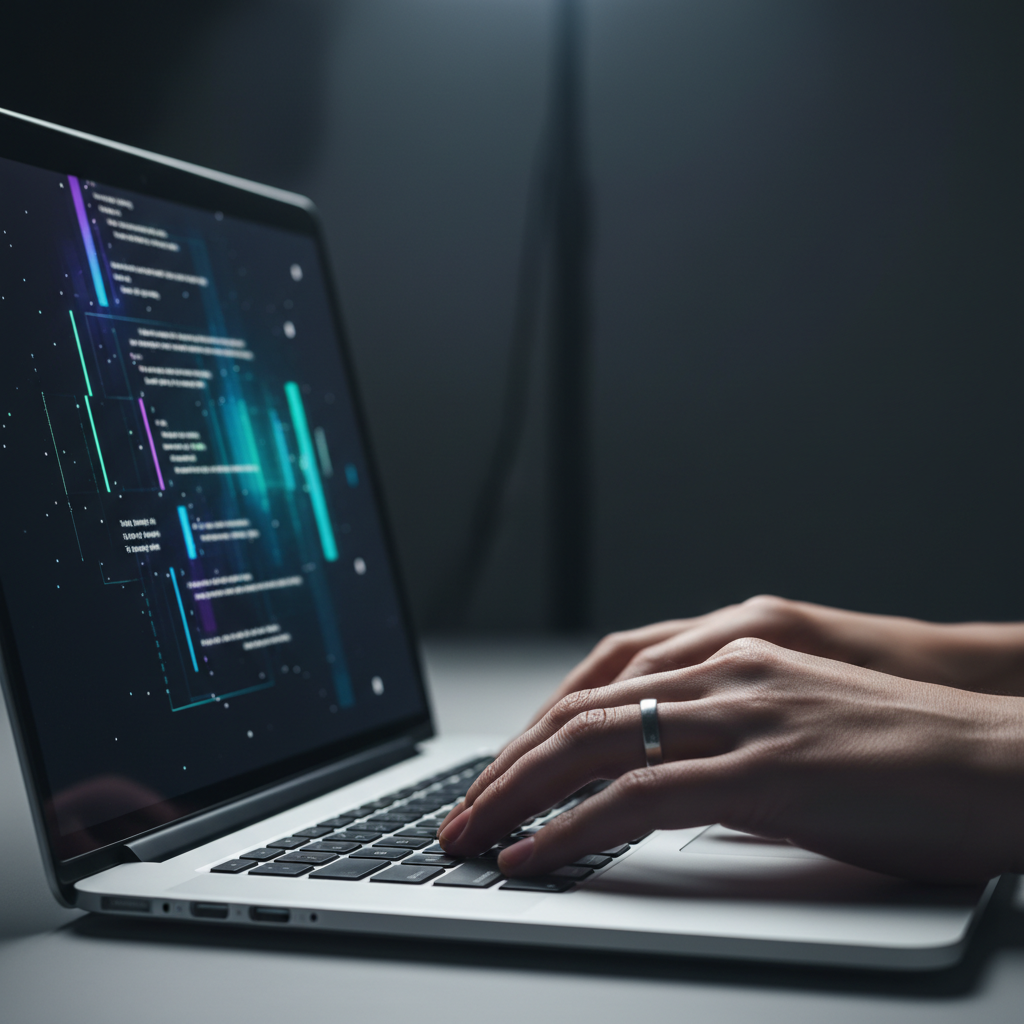 close-up developer working on custom web application with modern laptop, showcasing bespoke web app development workflow