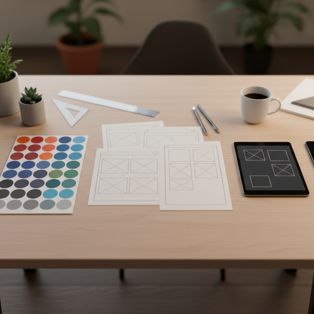 top-down product design workspace with wireframes and devices illustrating custom web app planning