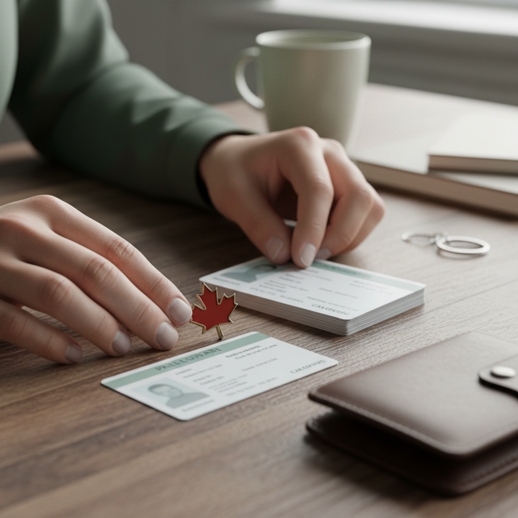 Organized citizenship application documents, IDs, and translations prepared for Canadian citizenship requirements