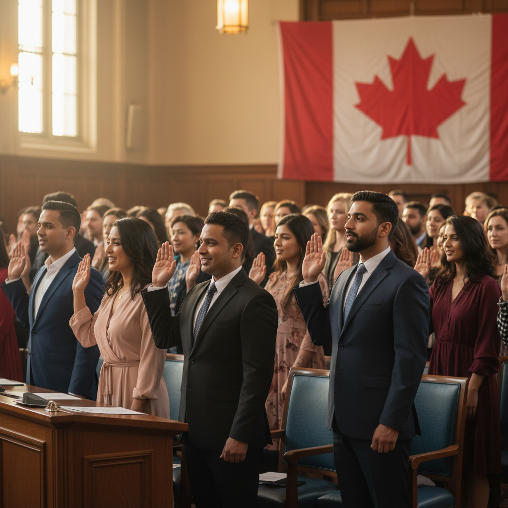 Citizenship oath ceremony in Toronto with diverse participants raising right hands