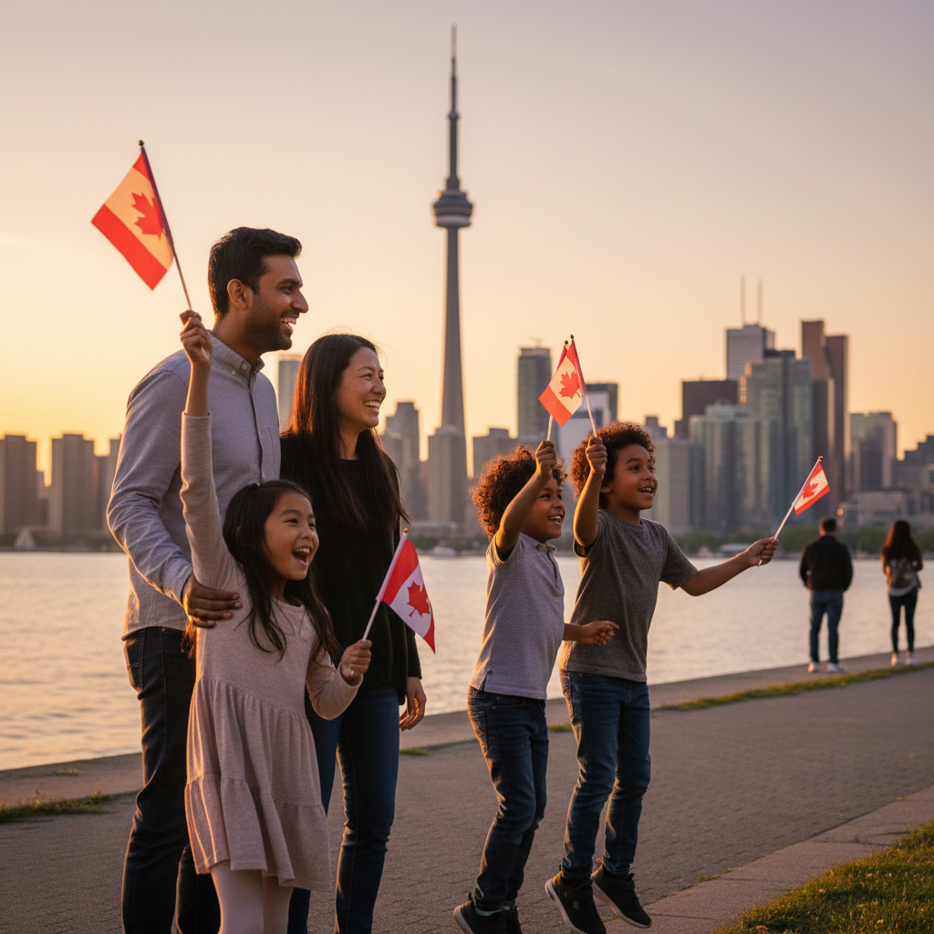 New Canadians with flags by Toronto waterfront after citizenship oath ceremony