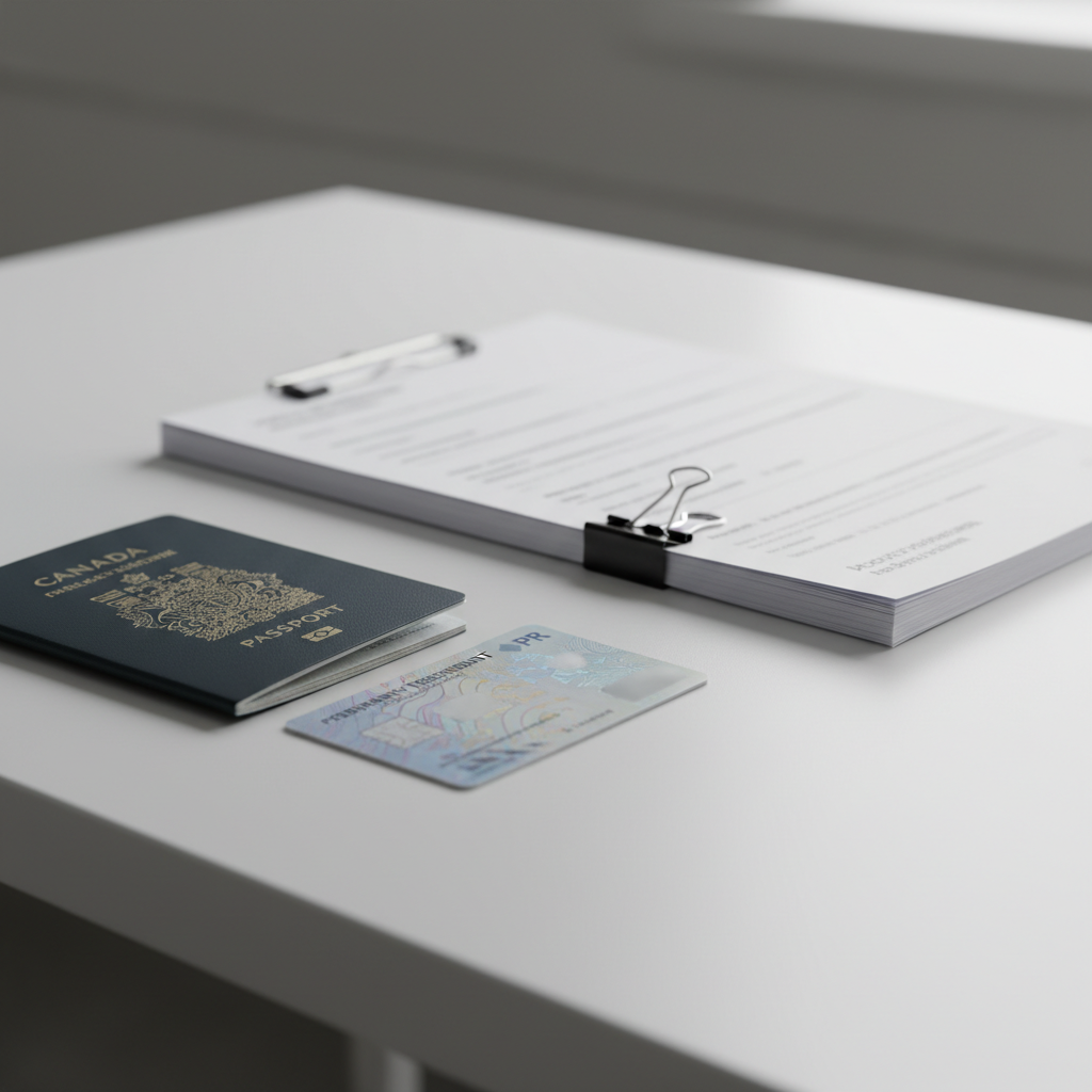 Canadian passport, PR card, and organized forms prepared for citizenship application requirements Canada