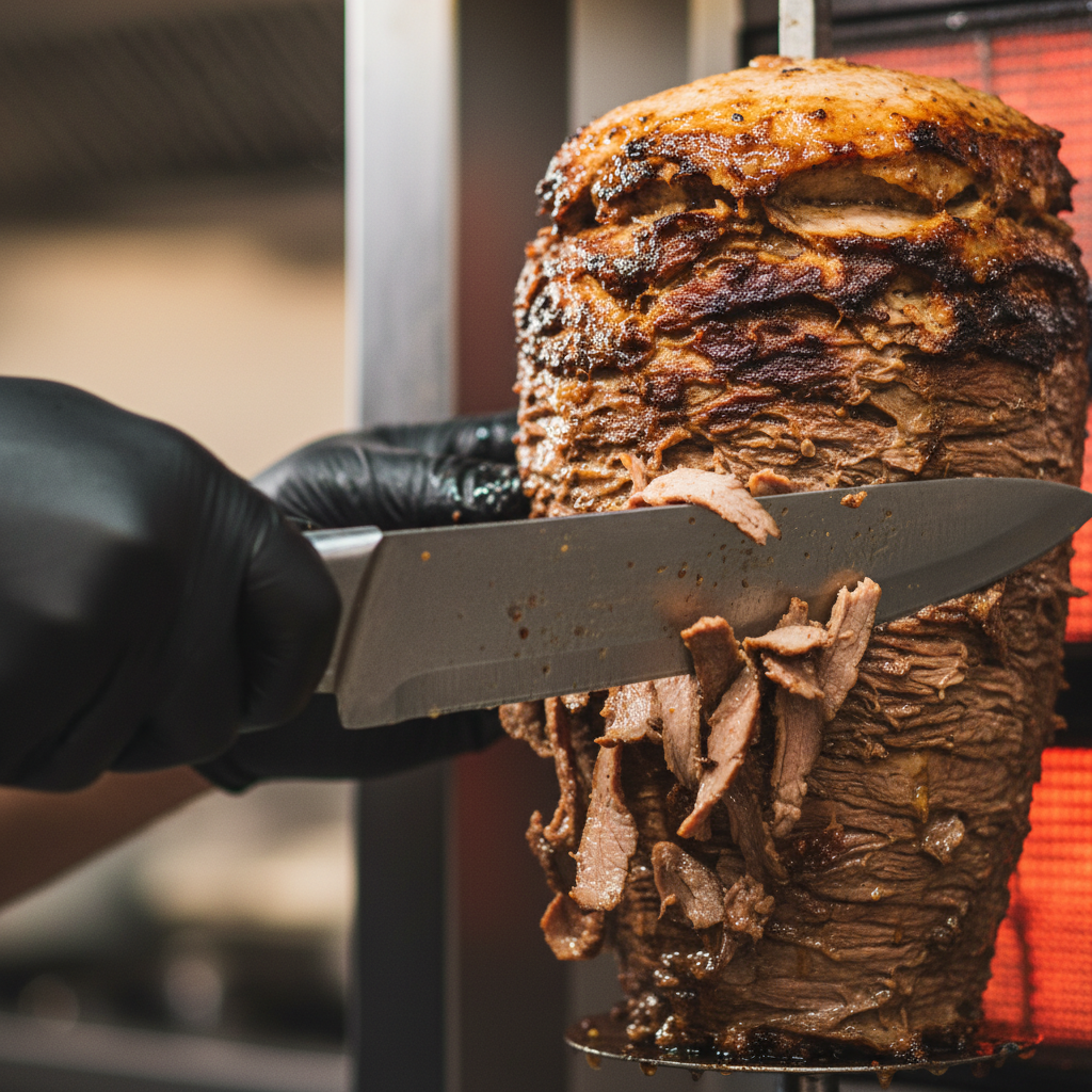 Close-up of beef shawarma carved from a vertical rotisserie, crispy edges, authentic Turkish shawarma in Toronto