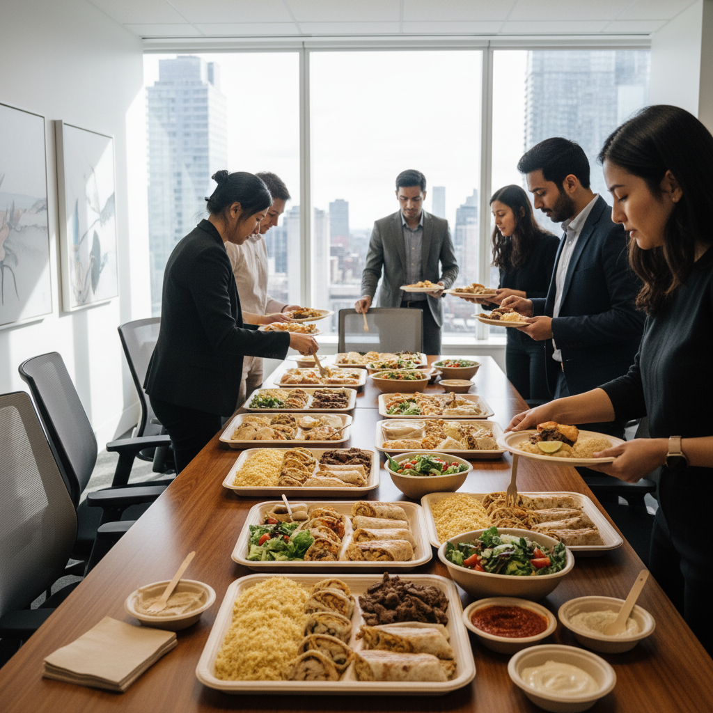 Office catering trays with shawarma wraps, salads, dips in a modern downtown Toronto boardroom