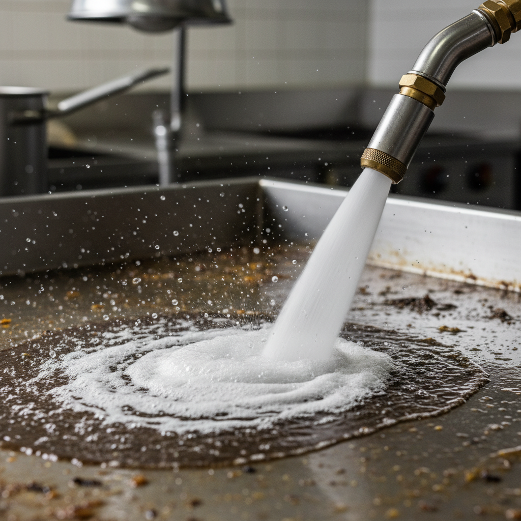 close-up of hot-water power washing degreasing stainless steel surface in a commercial kitchen, foam lifting grease for safety and NFPA 96 support