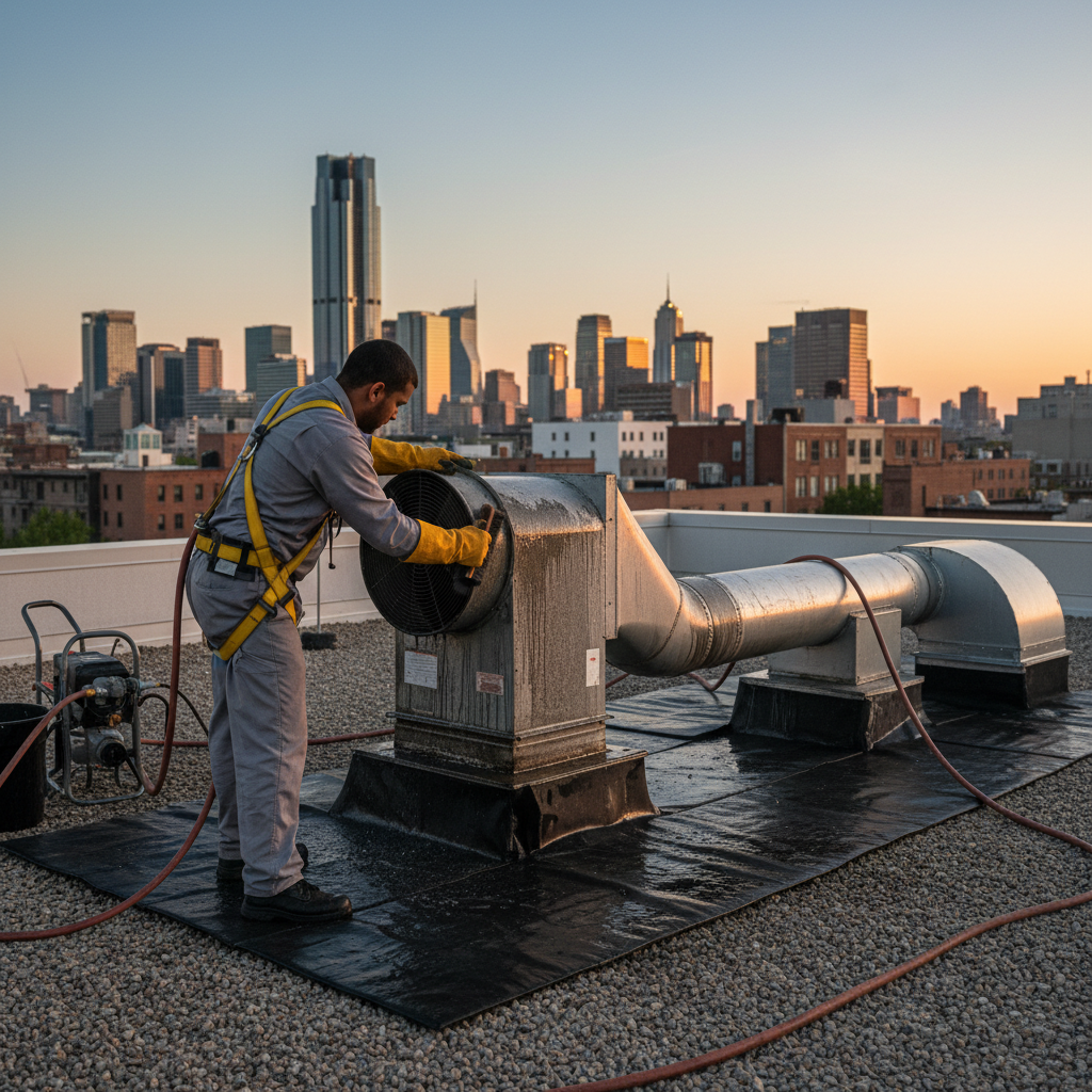 technician cleaning a rooftop kitchen exhaust fan and duct with proper containment, power washing setup, and evening skyline in Ontario