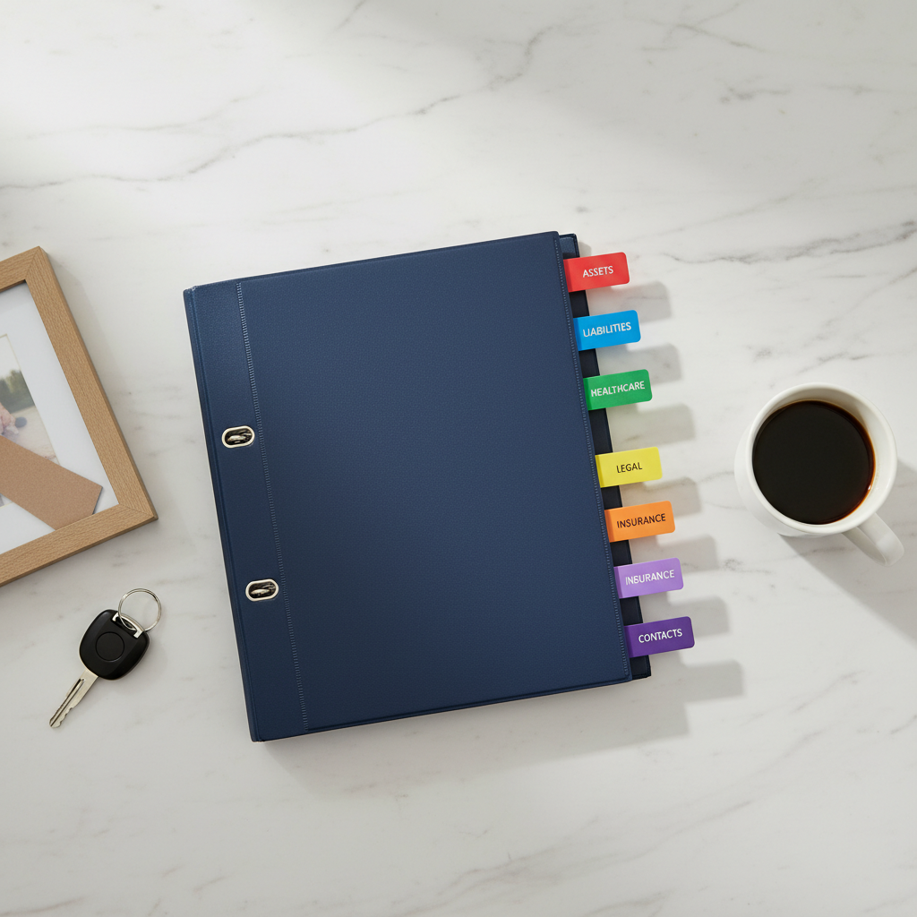 Top-down photo of an organized estate planning binder with tabs and keys, illustrating best practices to avoid estate planning mistakes in Toronto