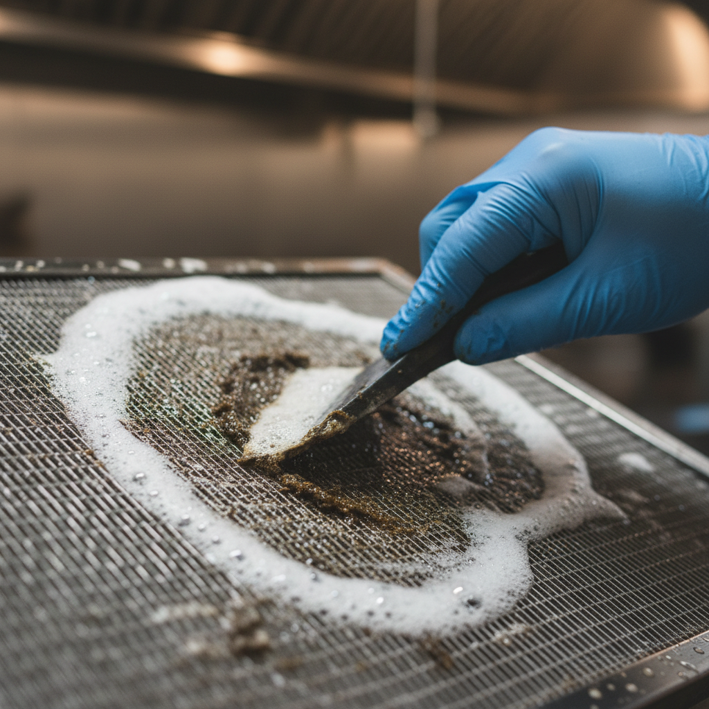 Close-up of gloved hand degreasing a hood filter during emergency kitchen cleaning protocols in Ontario