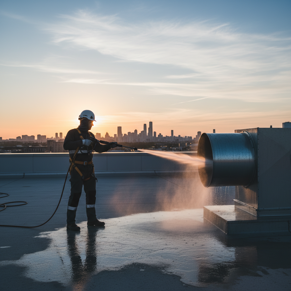 Technician pressure washing a rooftop kitchen exhaust fan in Ontario to restore safe ventilation after an incident