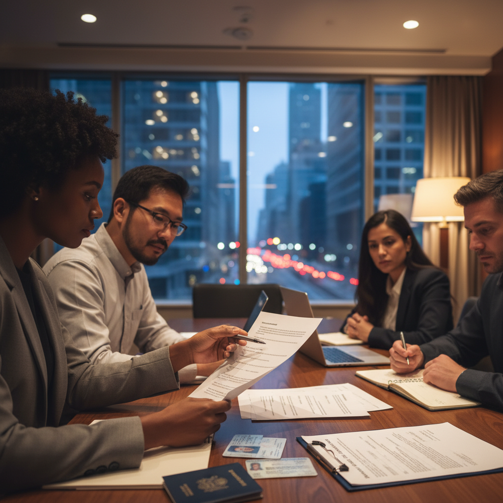 Lawyer and client reviewing identification documents together in a Toronto office before commissioning a statutory declaration or affidavit
