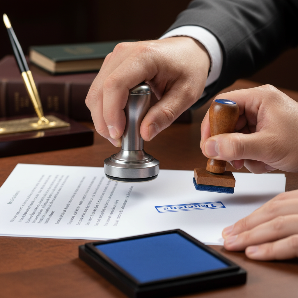 Close-up of a notary seal and stamp beside a signed document in Toronto office, illustrating affidavit vs statutory declaration signing