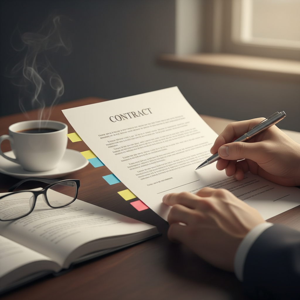 Close-up of contract review illustrating shareholder agreement essentials with tabs and signature line