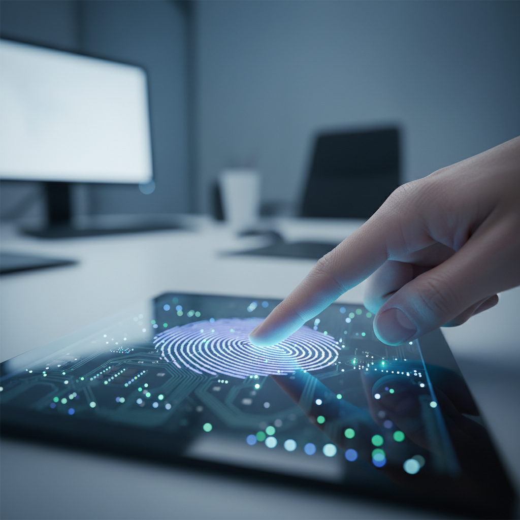 biometric fingerprint scan close-up at an immigration office, illustrating biometrics step for Canadian family sponsorship