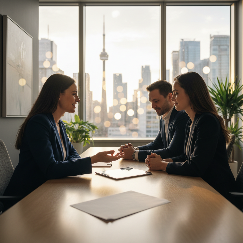 lawyer meeting with a couple in a modern Toronto office, discussing Canadian family sponsorship strategy