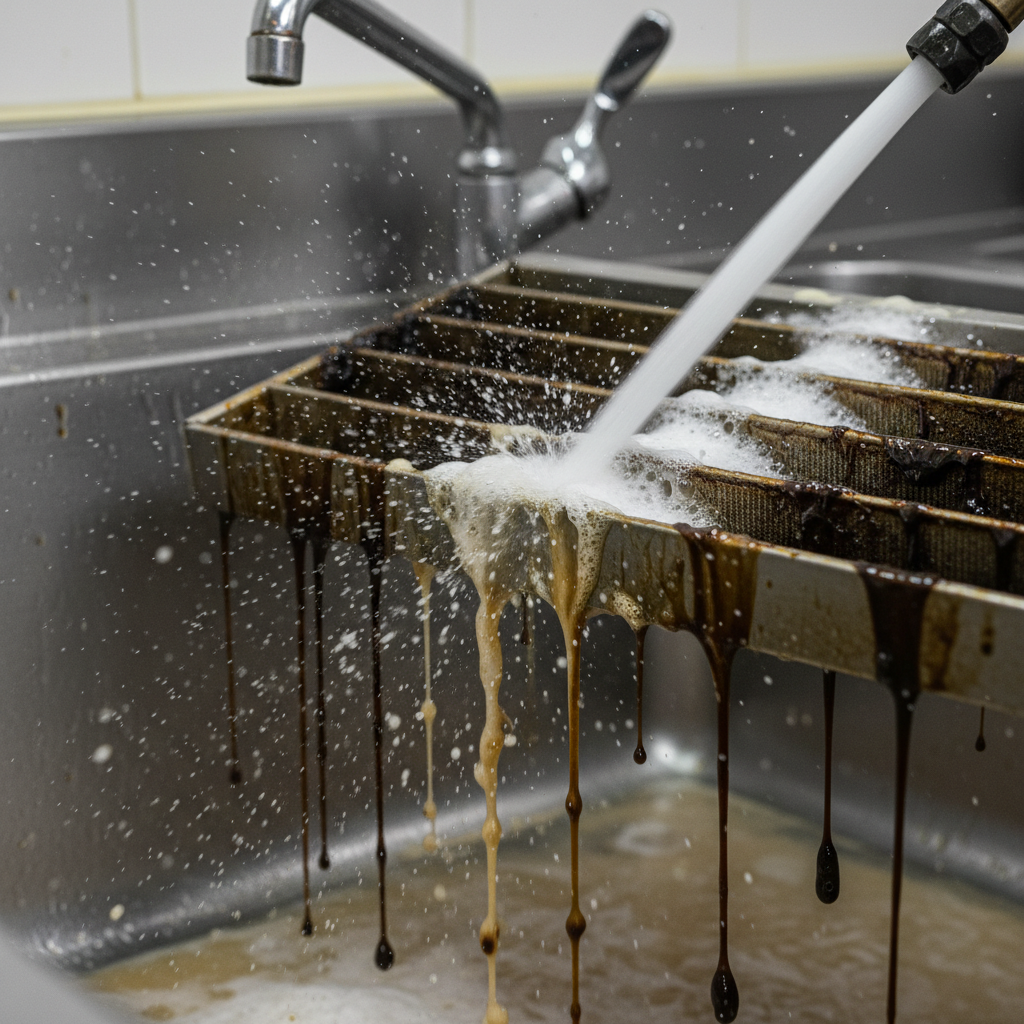 Close-up of stainless steel baffle filter pressure washing during commercial kitchen exhaust filter cleaning in Ontario