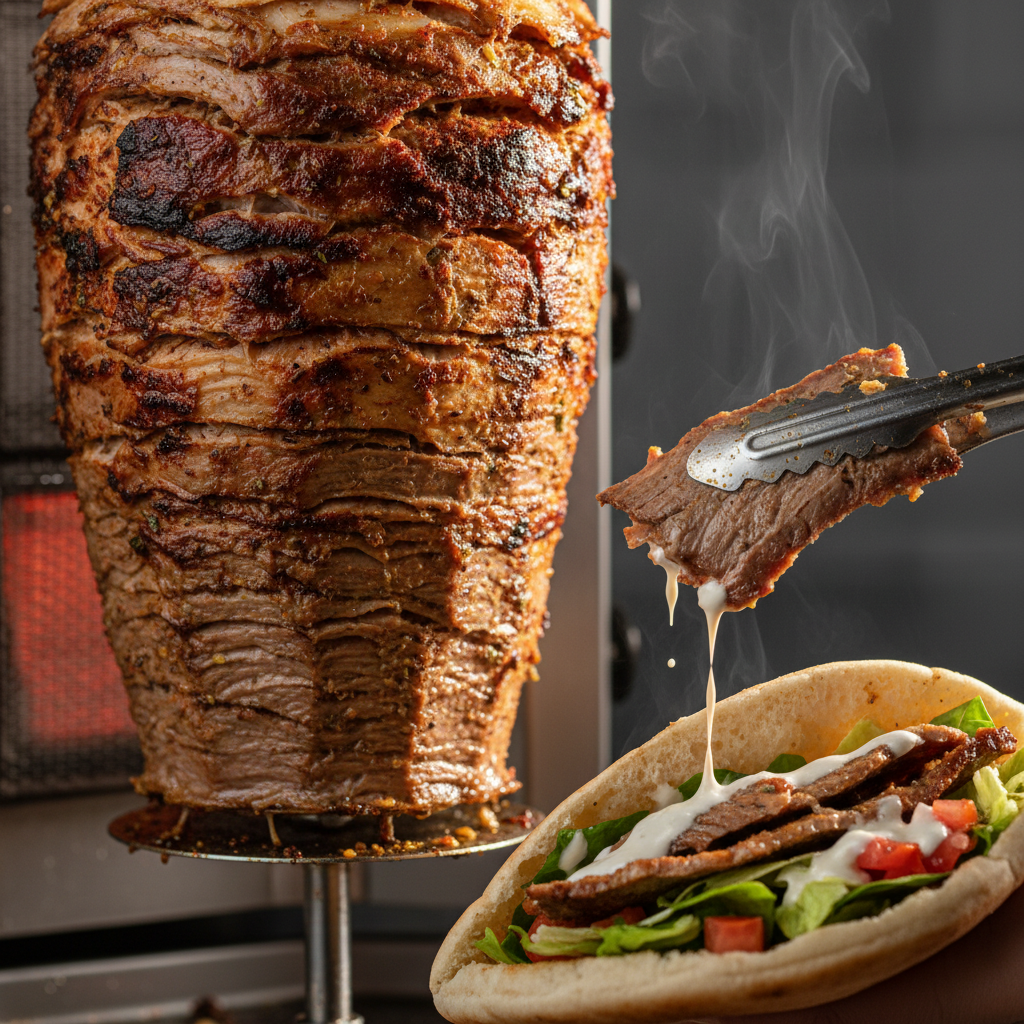 Close-up of authentic shawarma carved for Mediterranean corporate lunch catering with warm pita and tahini