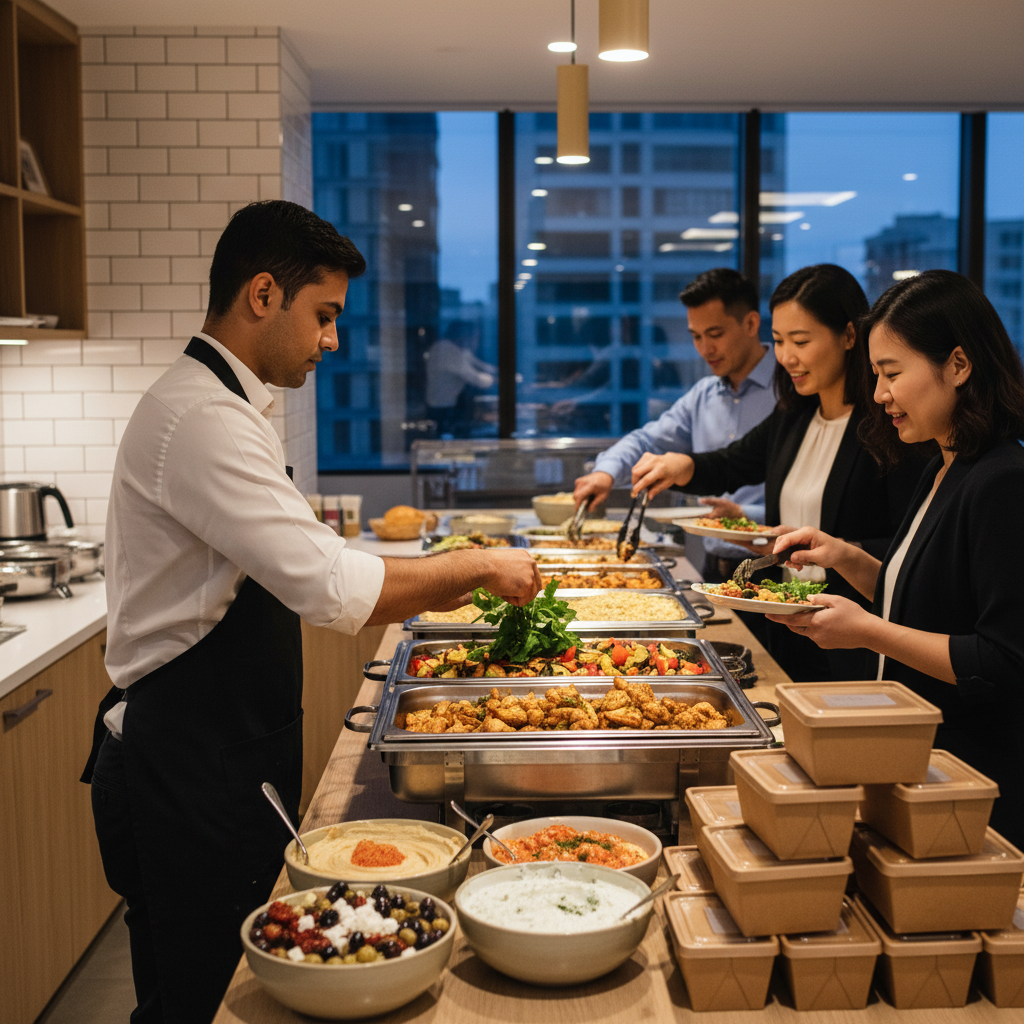 Caterer setting up Mediterranean office buffet with mezze bowls and chafing dishes in a modern workspace