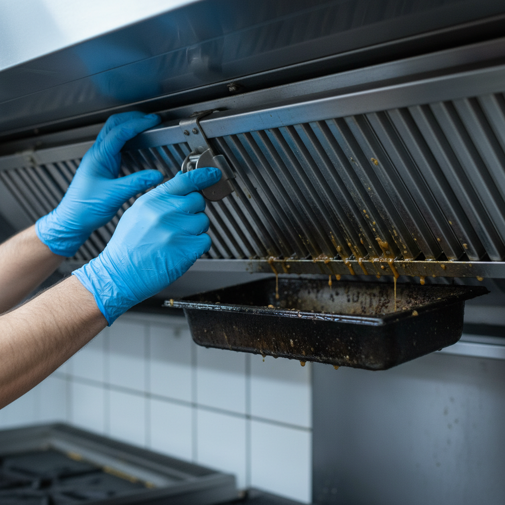 Technician replacing stainless steel baffle filter in a commercial kitchen hood in Milton