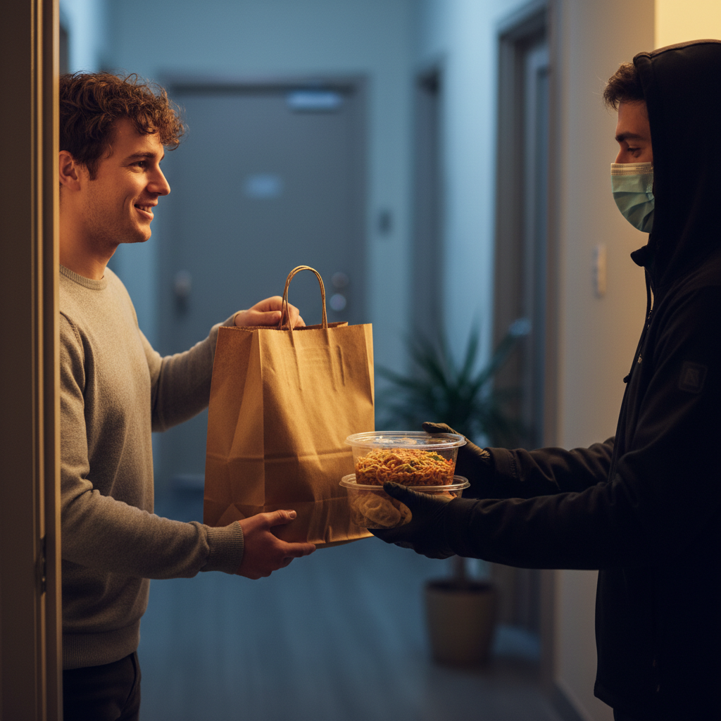 Delivery handoff of Turkish and Mediterranean takeout at a Toronto apartment doorway, evening ambiance